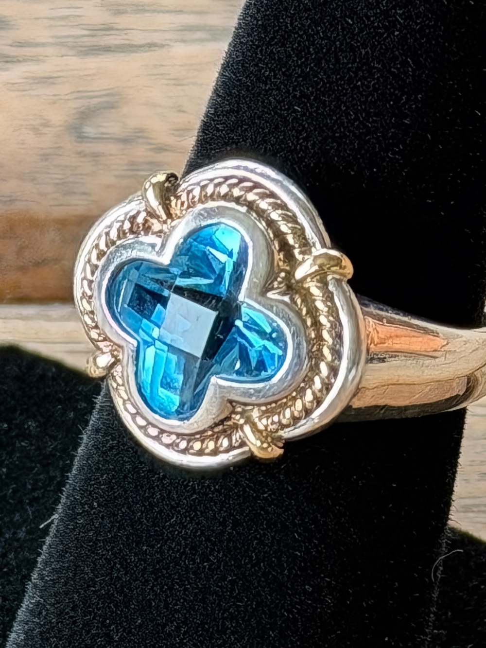Lorenzo Blue Topaz Sterling Silver /18k Gold accents Quatrefoil Cushion Cut Ring